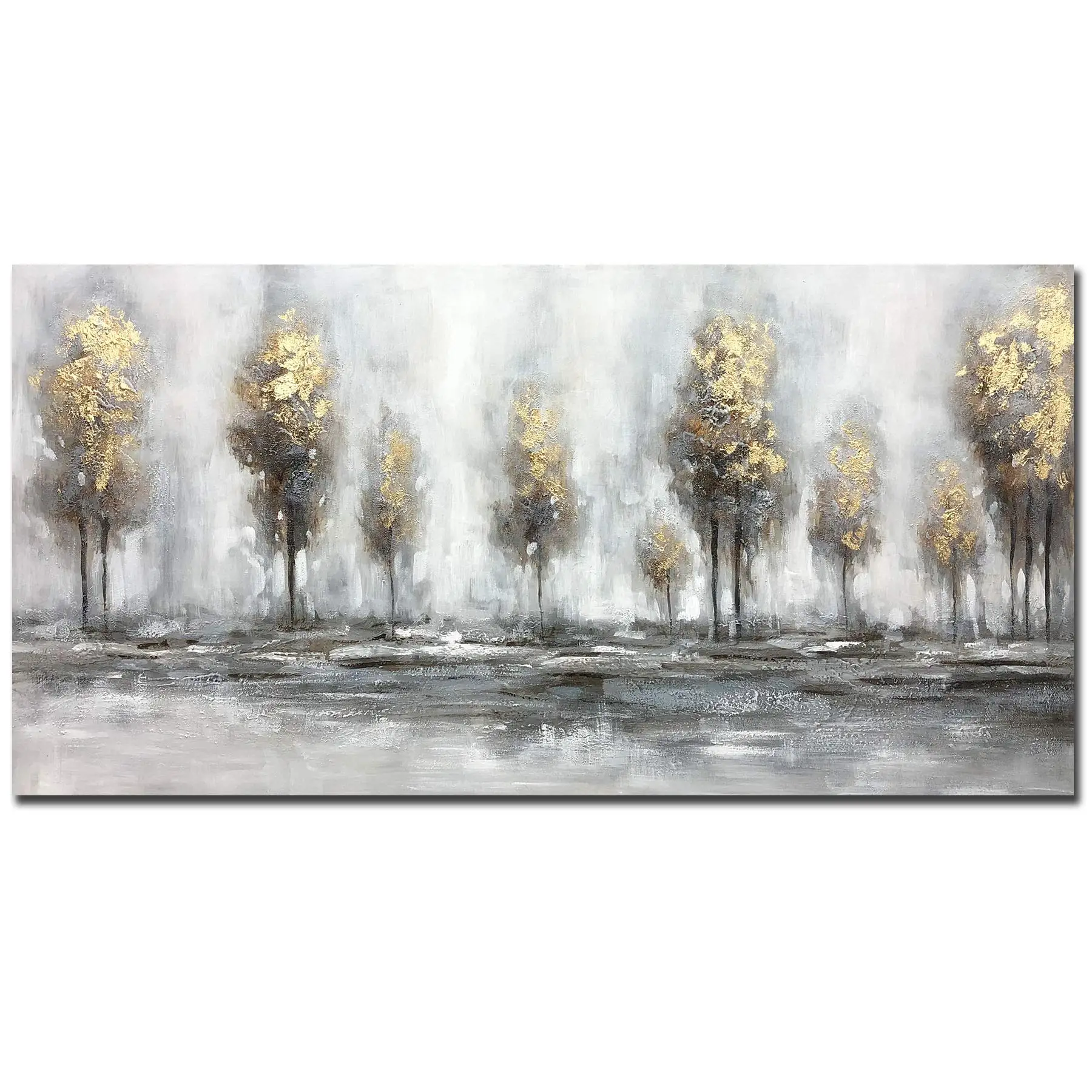 

Hand-Painted Grey Gold Oil Paintings Absract Forest Landscape Artwork Nature Scenery Canvas Home Wall Art Golden Trees No Framed
