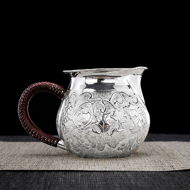 Чайный набор ручной работы из серебра 999 пробы с выгравированными цветами