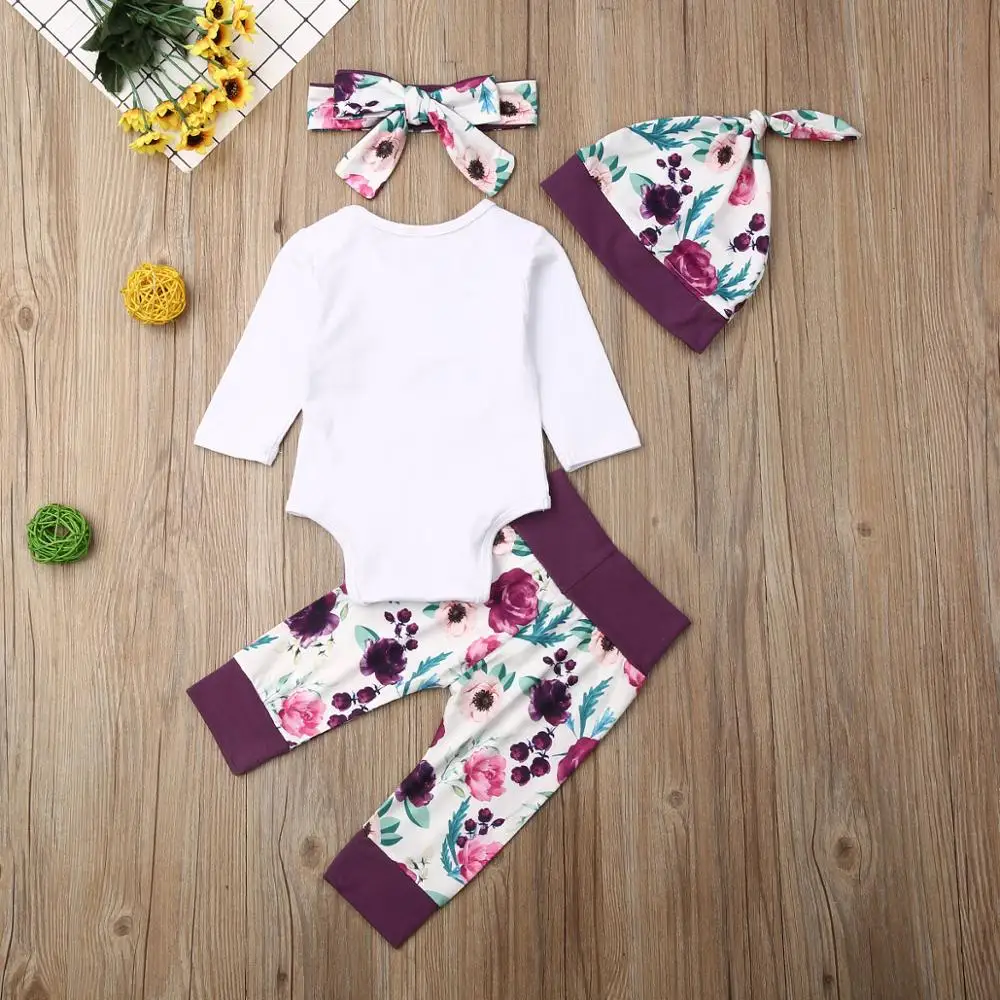 

Spring Fall 4PCS Newborn Infant Baby Girl Romper Tops Pants Headband Hat Autumn Clothes Outfits Set infant boy clothes