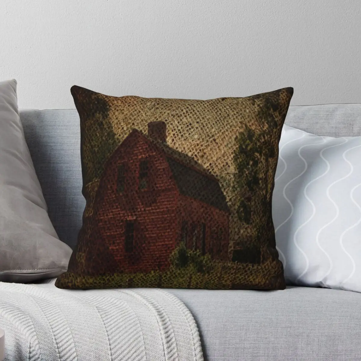 Западная сельская мешковиная подушка с красным сараем чехол из полиэстера