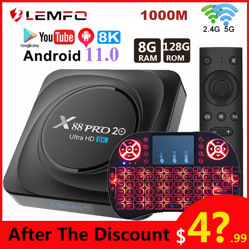 Lemfo Smart TV Box Android 11 8 ГБ 64 128 2021 Новая телевизор X88 PRO 20 2.4G 5G WiFi 8K Voice YouTube Google Play Set Top |