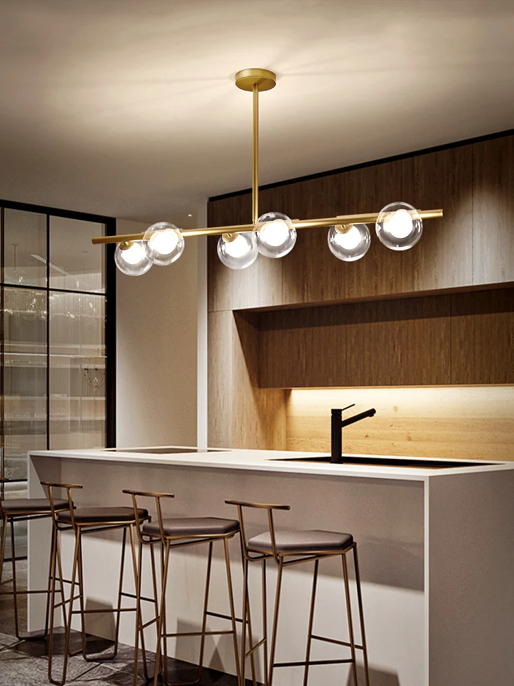 저렴한 포스트 모던 LED 레스토랑 샹들리에 조명 블랙/골드 투명 유리 공 긴 샹들리에 북유럽 오피스 바 샹들리에