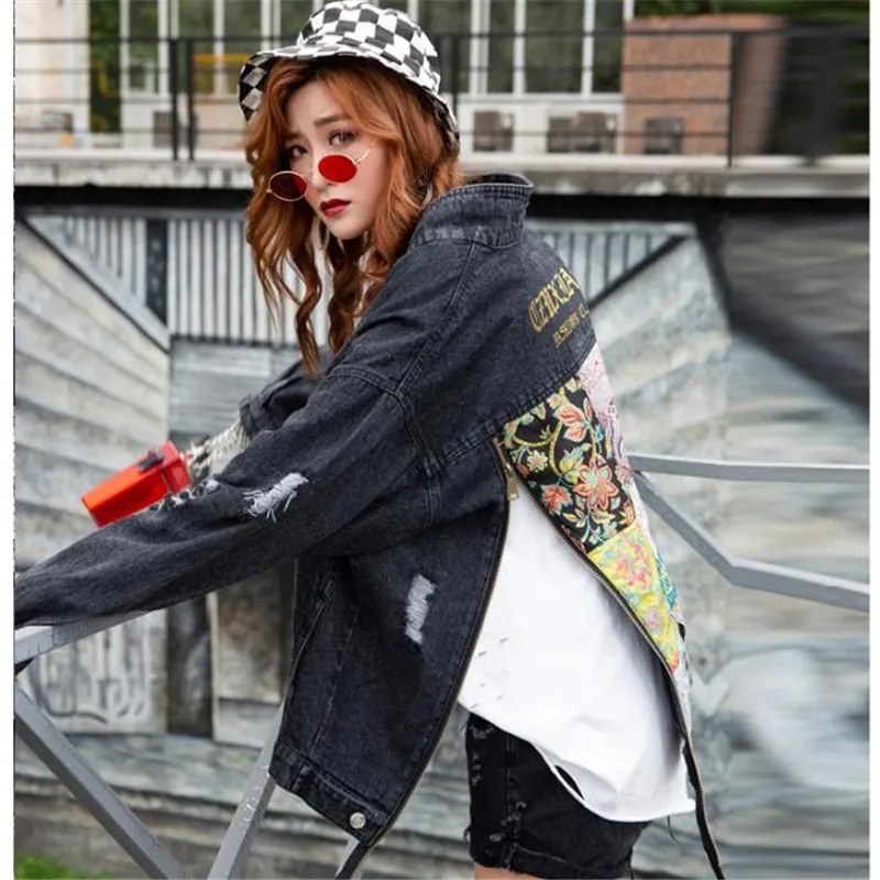 

Streetwear Denim Men Women Unisex Vintage Pattern Hole Side Zipper Hip Hop Harajuku Korean Japan Style Rock Jeans Jacket