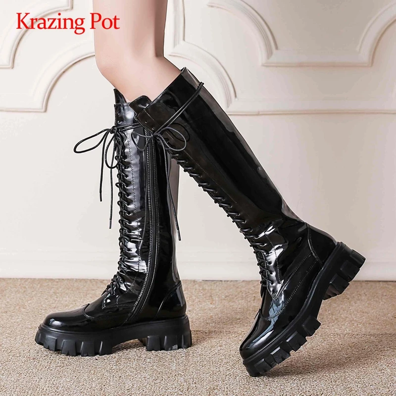 

Krazing Pot hot riding boots genuine leather platform superstar round toe thick med heel zipper beauty lady thigh high boots L29