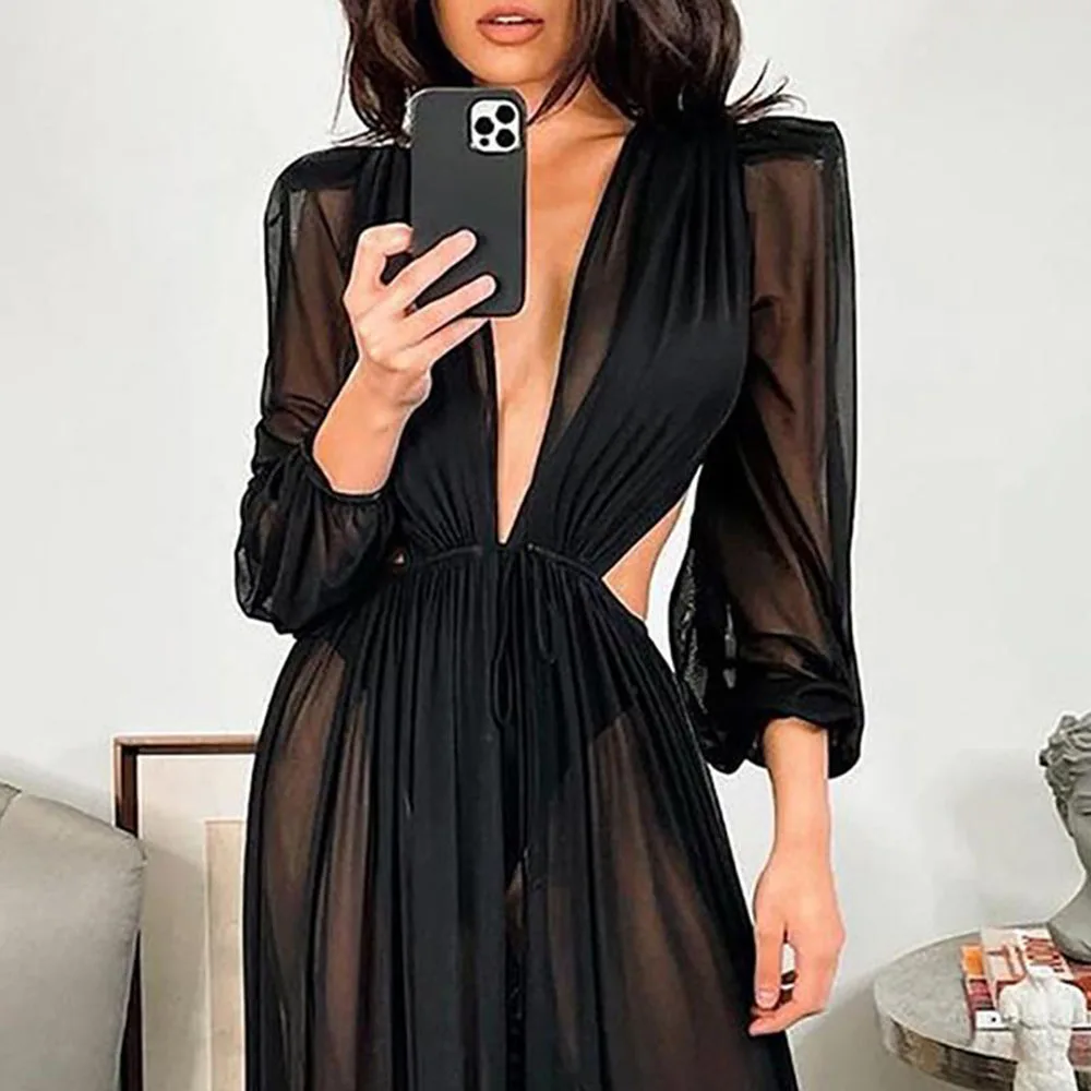 

Western Style 2021 Summer New Sexy Black Hollow Out Lace Women's Dress Fashion Perspective V-neck Smock Long Sleeve