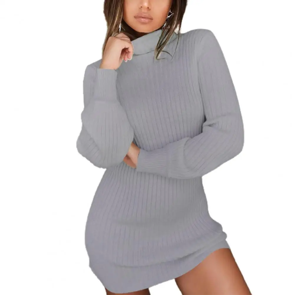 

Casual Lady Dress High Collar Ribbing Solid Color Lantern Sleeve Mini Dress for Daily Wear Elegant dresses for women Vestidos