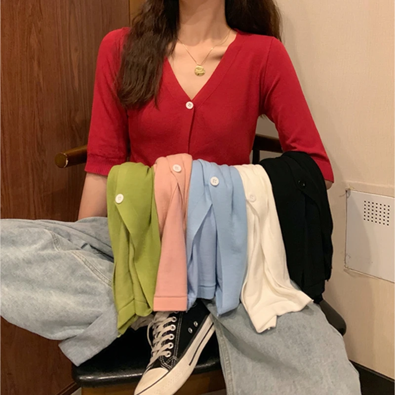 

Girls Korean Cropped Cardigan Vintage Sweater Cardigans Knitting Sexy V Neck Crop Top for Teens Fashion Fall 2020 Women Clothing