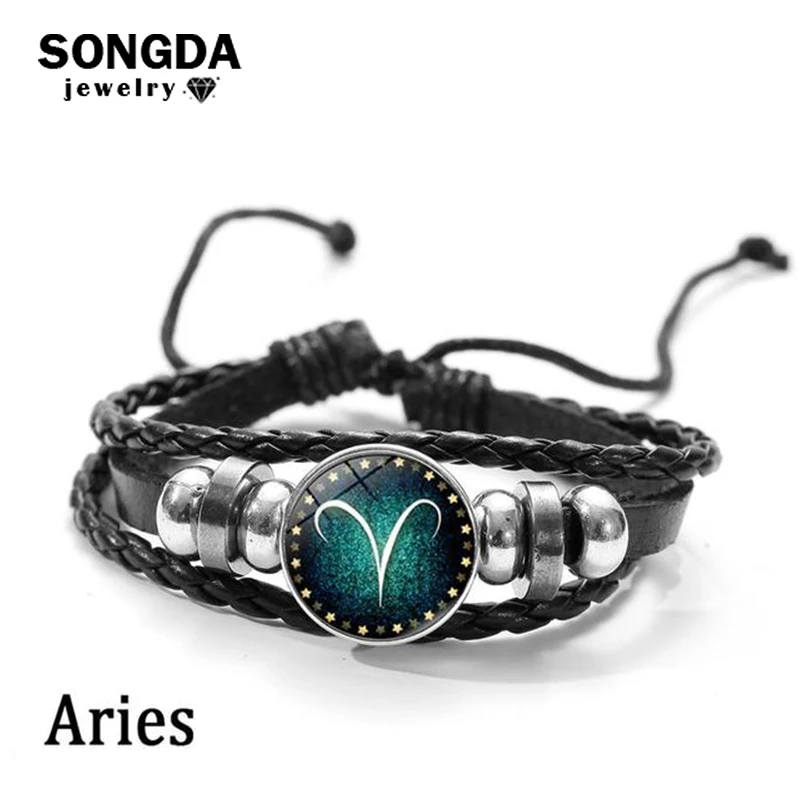 12 Zodiac Signs Constellation Bracelet Men Women Fashion Black Multilayer Weave Leather Bracelet Bangle Aries Cancer Leo Jewelry