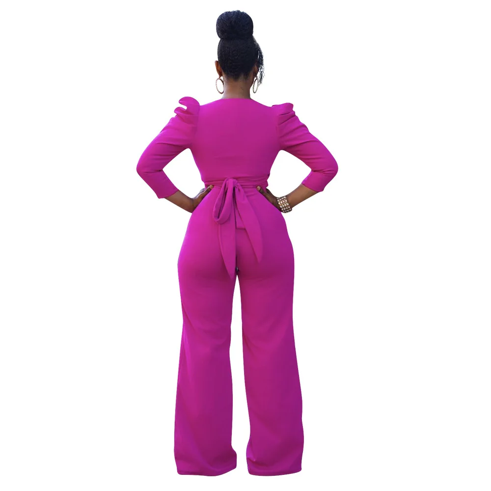 

Donsignet Women Set Autumn Fashion Women's V-Neck Solid Color Puff Sleeve Bandage Crop Top Two-piece Set Conjunto Feminino