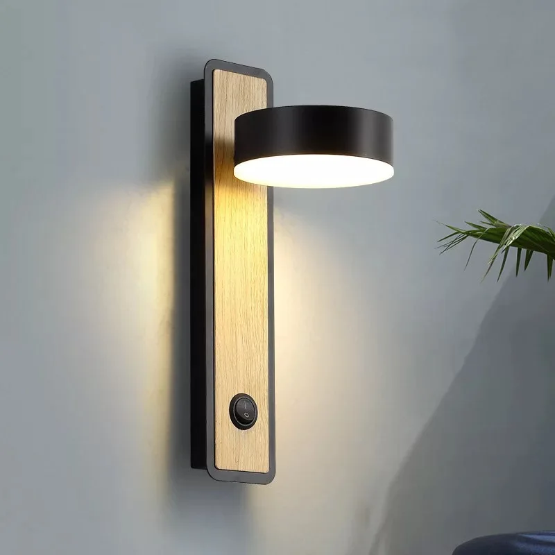 Wooden LED wall lamp with switch bedroom living room Nordic modern light aisle study reading sconce white black lamps | Лампы и