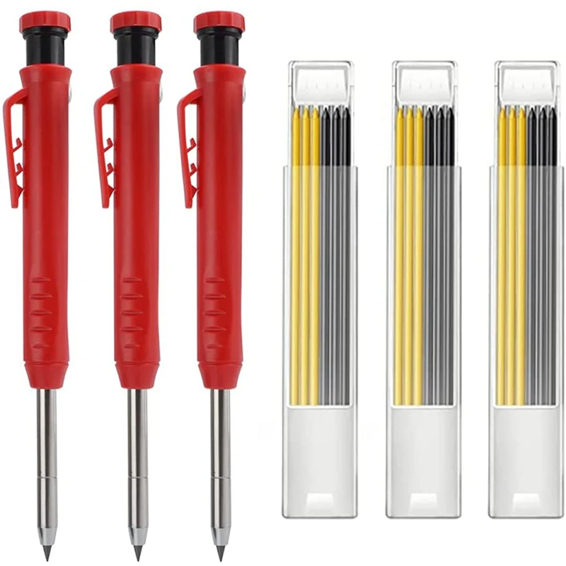 

New 3Pcs Construction Pencils And 18Pcs Black Refills,Solid Carpenter Pencils With Built-In Pencil Sharpener,For Woodworking