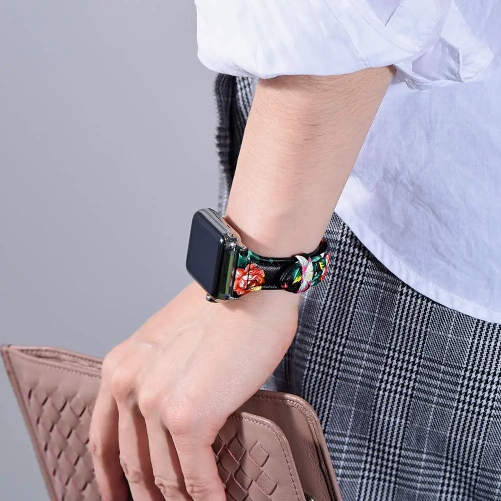 Цветочный ремешок для apple watch 42 мм 38 iwatch 44 40 серия 5/4/3/4/2/1 кожаный correa спортивный