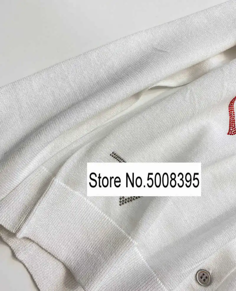 

White Linen Blend Knit Cardigan V-neck Red Love Heart Strass Decoration Front Buttons Long Sleeves Sweater Top
