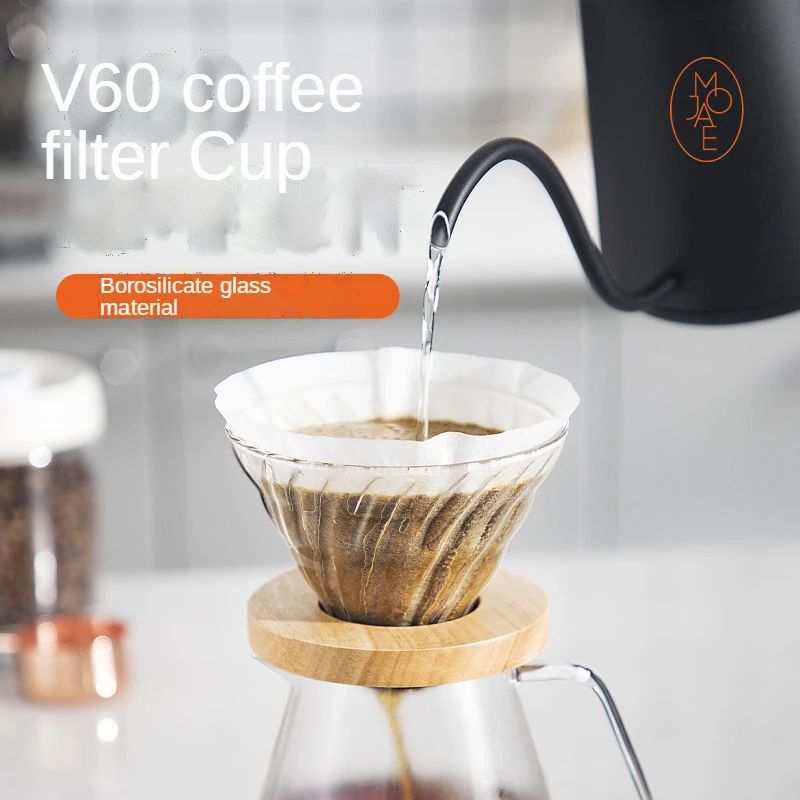Gotero de café V60, embudo de vidrio, cafetera por goteo, capuchino, taza de filtro, soporte de madera, utensilios de café