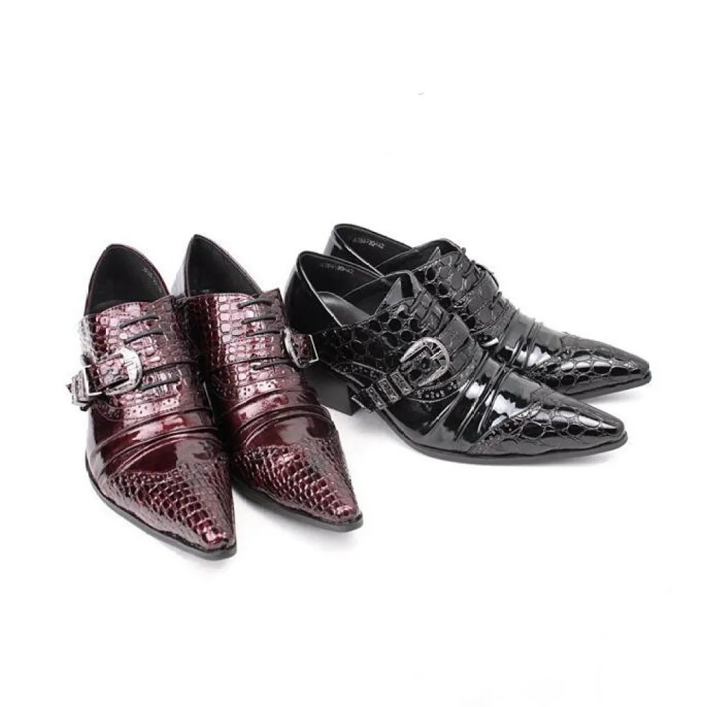 

Мужские винно-красные туфли на высоком каблуке с острым носком