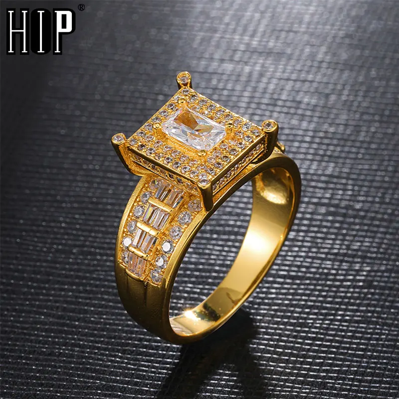 Hip Hop Geometric Square Bling CZ Iced Out Copper AAA Cubic Zircon Ring For Men Women Jewelry Gold | Украшения и аксессуары