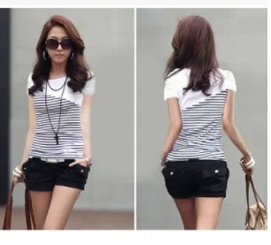 short sleeve white HGFS Футболка женская одежда полосатая футболка Топы с длинным рукавом женская одежда футболки хлопок Повседневная футболка Femme Poleras - Цвет: short sleeve white