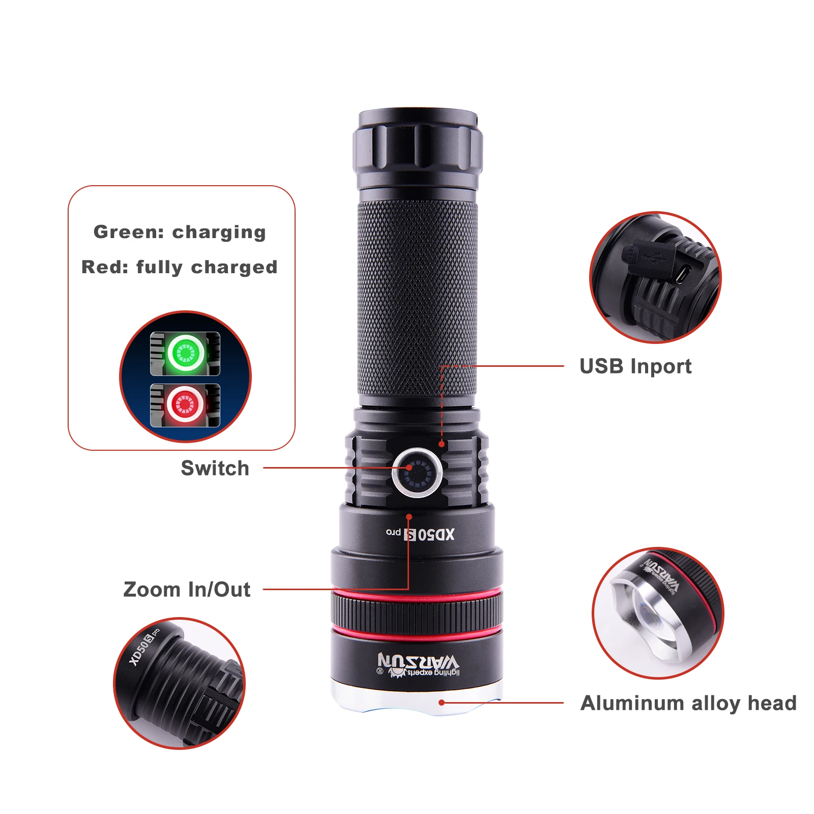 Online Warsun-linterna De Alta Potencia CD50S, 3 Modos, Linterna Recargable Con Usb, Zoom Telescópico, 1500 Lúmenes, Led, XHP90, Lateral