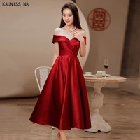 kaunissina satin cocktail dresses formal occasion gowns off the shoulder zipper back vintage a line pleat party homecoming dress