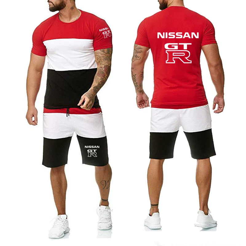 

New Mens Fashion Short Sleeve GTR Car Logo Print Letter Cotton Mens Hedging T-Shirt + Drawstring Shorts Sportswear Suit Selling