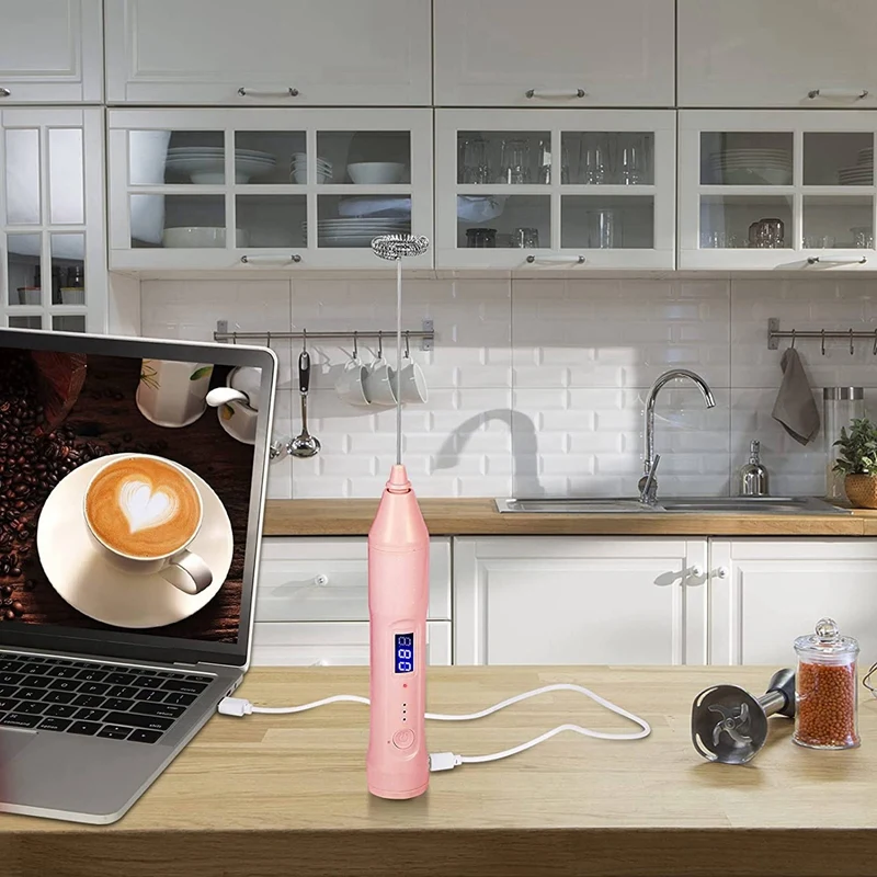 Batidor de leche port&aacute;til con 3 cabezales, minilicuadora el&eacute;ctrica recargable por USB de 3 velocidades, para caf&eacute;, Latte, batidor de huevos-2
