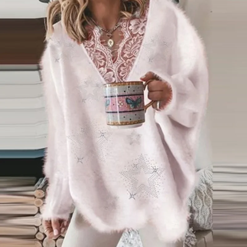 

Solid Color Loose Knit Sweater Women's Lace V-Neck Long Sleeve Warm Sweater 2021 Autumn/Winter Casual Elegant Simple Blouse Tops