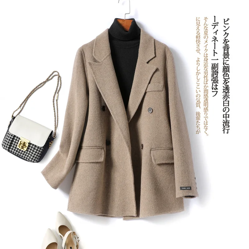 

2021Autumn Winter Woolen Jacket Female Wild Little Man Short Suit Thick Loose Double Breasted Hepburn Style Korean OL Coat Black