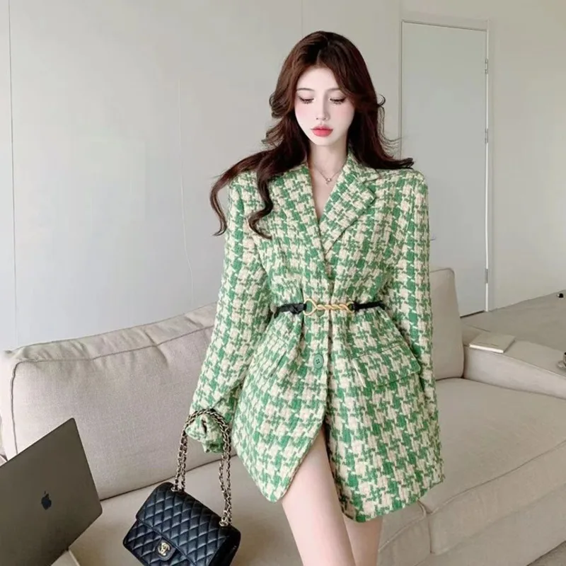 

Plaid Coat Green Women Blazer Coat Tweed Burrs Houndstooth Pattern Long Sleeved Vintage Jacket Fashion Thick Clothing Robe Femme