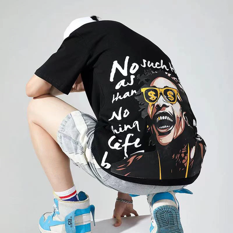 

2021 Streetwear Tee Summer Men's Cotton Fashion Print Top Casual Short Sleeve O-Neck Hip Hop Men Head Letter T-shirt Sports Tops