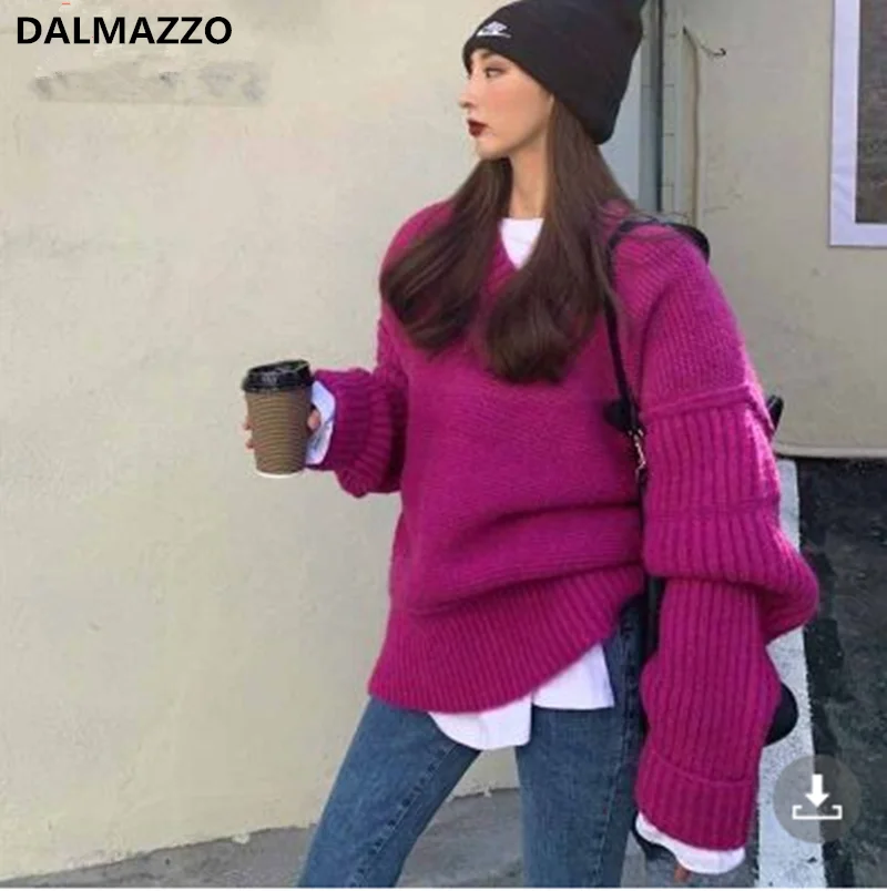 

Модный вязаный свитер DALMAZZO сезона осень-зима 2021, женские пуловеры с V-образным вырезом, Толстая теплая Свободная верхняя одежда, свитера, жен...