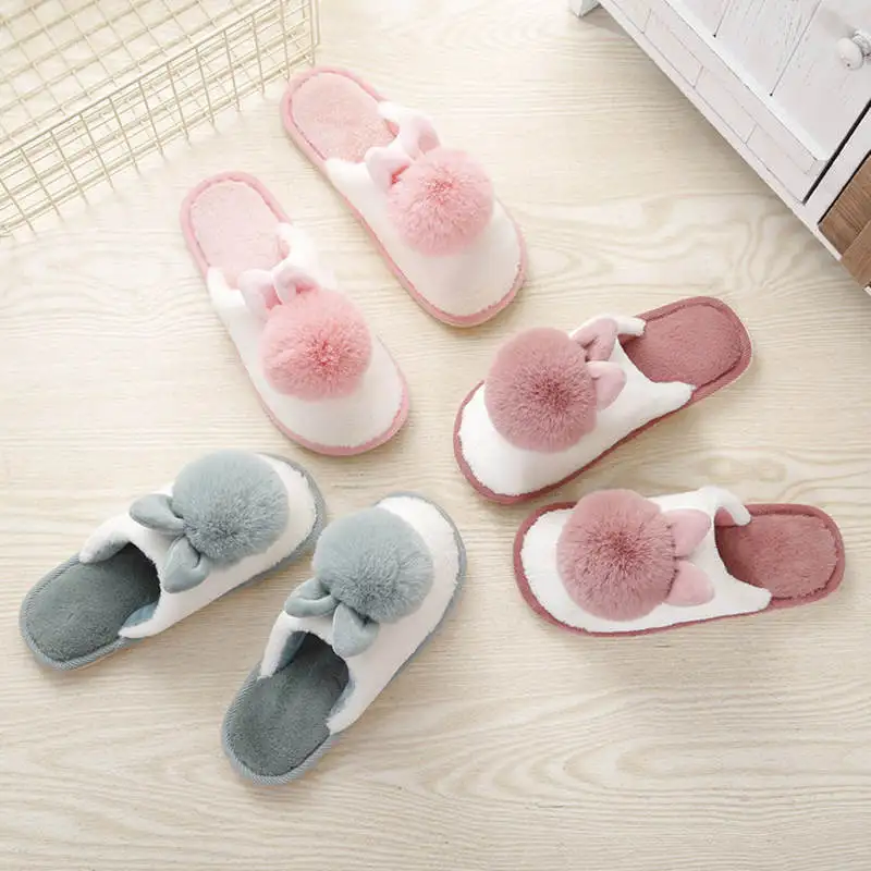 2019 женская обувь милые зимние домашние тапочки теплые тканевые с кроличьим мехом