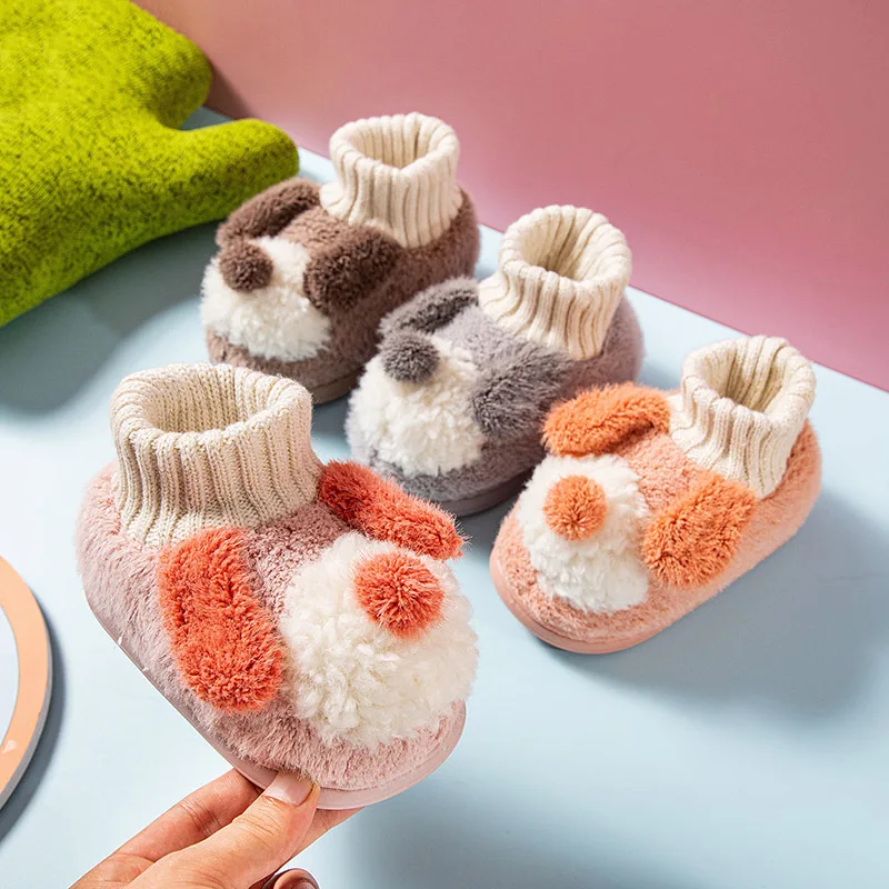 

Kids Winter Cotton Shoes Plus Thick Sock Warm Unisex Children Cute Dog Decoration Soft Girls and Boys Indoor Slippers 2021 New