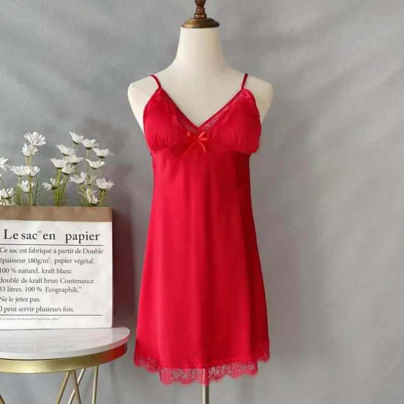 

Sexy Spaghetti Sling Women Sleepwear Intimate Lingerie Summer New Short Nightgown Satin Lace Patchwork Nightwear Home Clothing