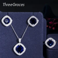 threegraces simple style dark blue cubic zirconia square pendant necklace earrings fashion jewelry sets for ladies gift js506
