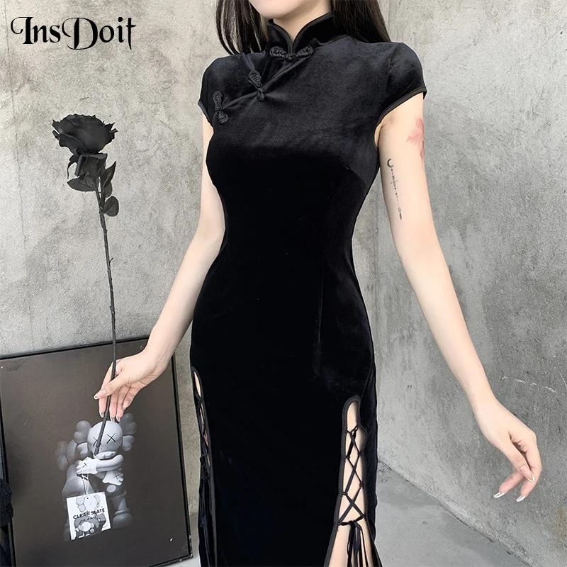 

InsDoit Vintage Black Dress Turtleneck Goth Short Sleeve Bodycon Chinese Style Dress Women Sexy Split Hollow Out Bandage Dresses