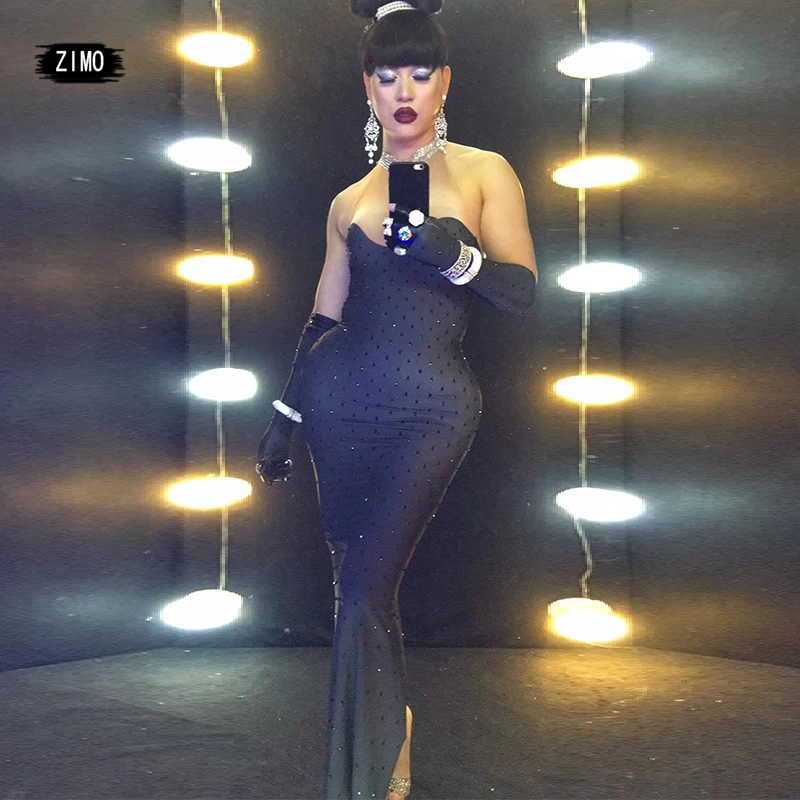 

sexy Hepburn rhinestone club Party Dress Women Birthday long Dress Singer DJ Stage Dancer festival outfit performance designer