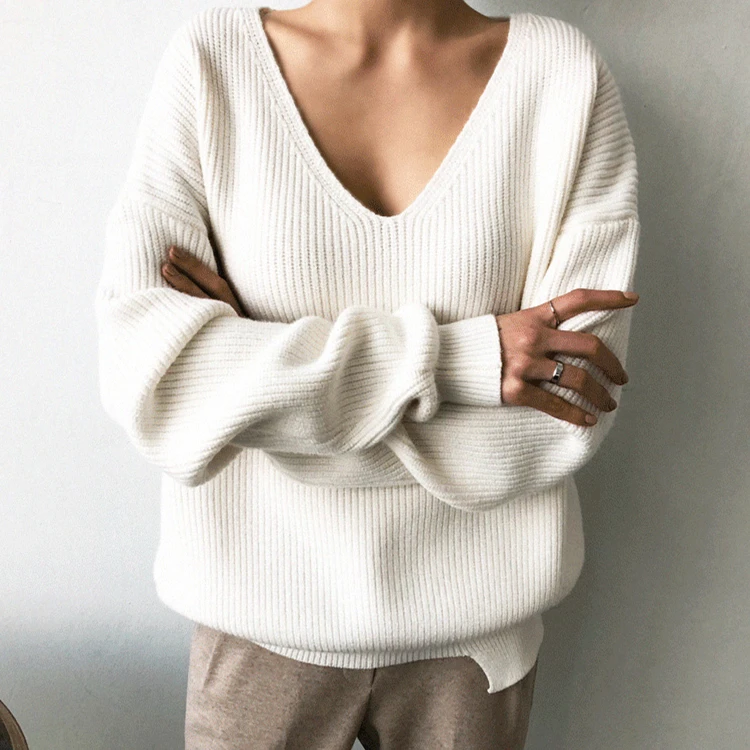 

2020 Autumn Winter Women's Knitwear sexy V-Neck Minimalist Tops Korean Irregular Hem Knitted Casual Sweaters SW8112new