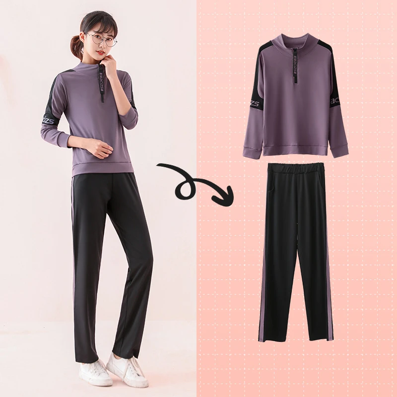 

Spring Summer Autumn Women's Running Set Black Purple Pink Sport Clothes Long Sleeve Shirt Pants for Fitness Trainning