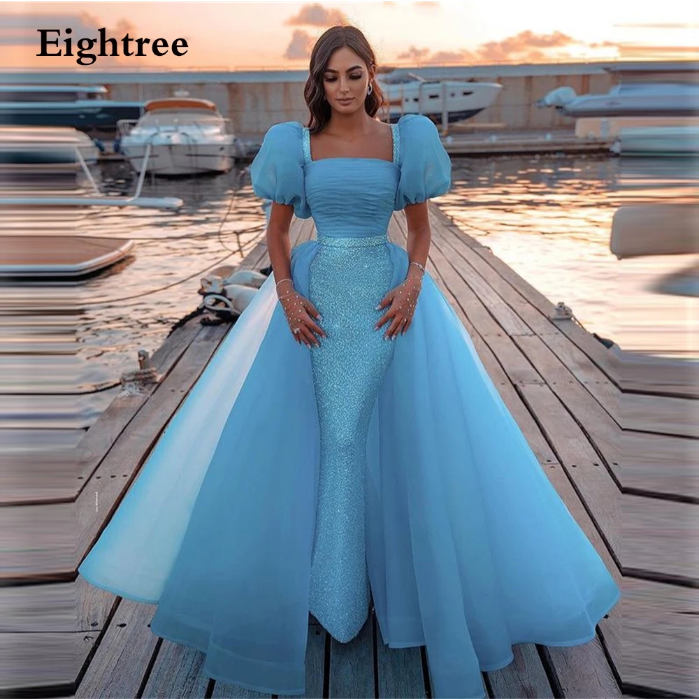 

Eightree Sparkly Blue Short Sleeves Prom Dress Sequines Strapless Evening Dresses Glitter Formal Party Gowns Vestidos de fest
