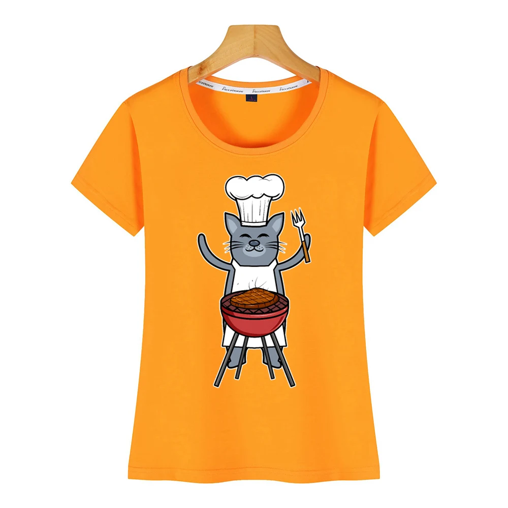 Топы футболки для женщин дизайнерские черные женские с принтом grillmaster cat lover |