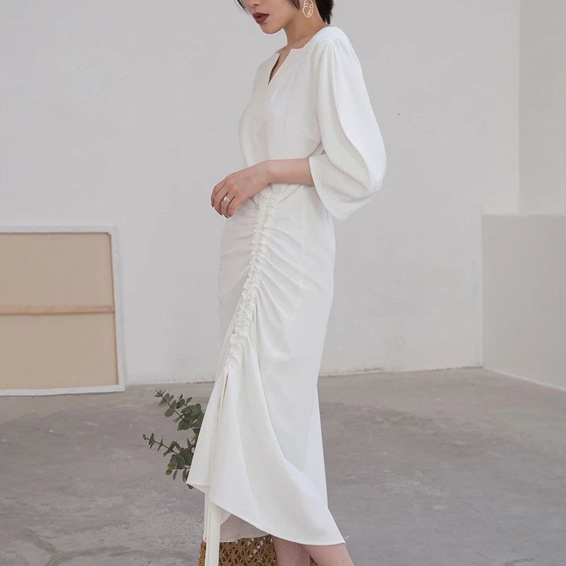 GALCAUR Drawstring Ruched женские платья три четверти рукав с высокой талией Асимметричные осенние платья Женская мода одежда