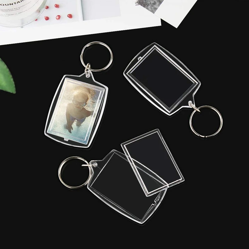 

100Pcs Photo Keychain Rectangle Transparent Blank Acrylic Insert Photo Picture Frame Keyring Key Holder DIY Split Ring