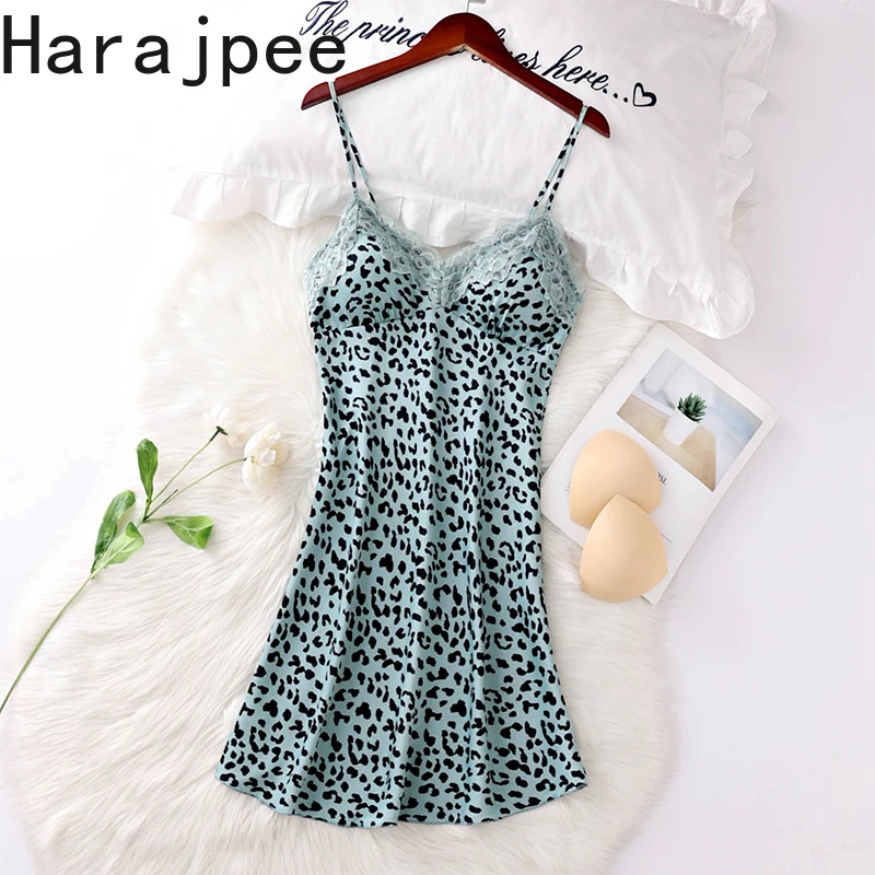

Harajpee Women Pajama 2021 Summer French Sexy Temperament Alluring Style Lace V-Neck Leopard Print Ice Silk Sling Nightdress