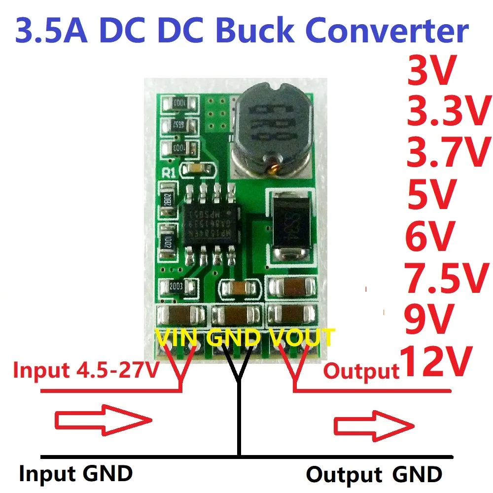 

3.5A DC-DC Converter Module Buck Step-Down Voltage Regulator Board 4.5V-27V to 3V 3.3V 3.7V 5V 6V 7.5 9V 12V