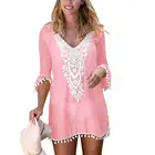 Женская Пляжная накидка, кружевное вязаное крючком платье с помпонами для бикини, сексуальная летняя блузка, размера плюс