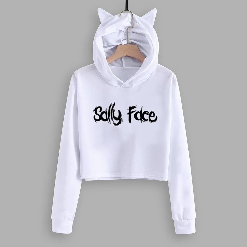 Женские толстовки с капюшоном, укороченный топ с надписью «SALLY FACE» и кошачьими ушками, укороченная Толстовка с длинным рукавом, пуловер с капюшоном, женская уличная одежда
