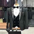 Мужские костюмы со змеиным принтом, черные деловые костюмы из 3 предметов, свадебные костюмы на заказ, современные королевские красивые деловые костюмы с лацканами и брюки