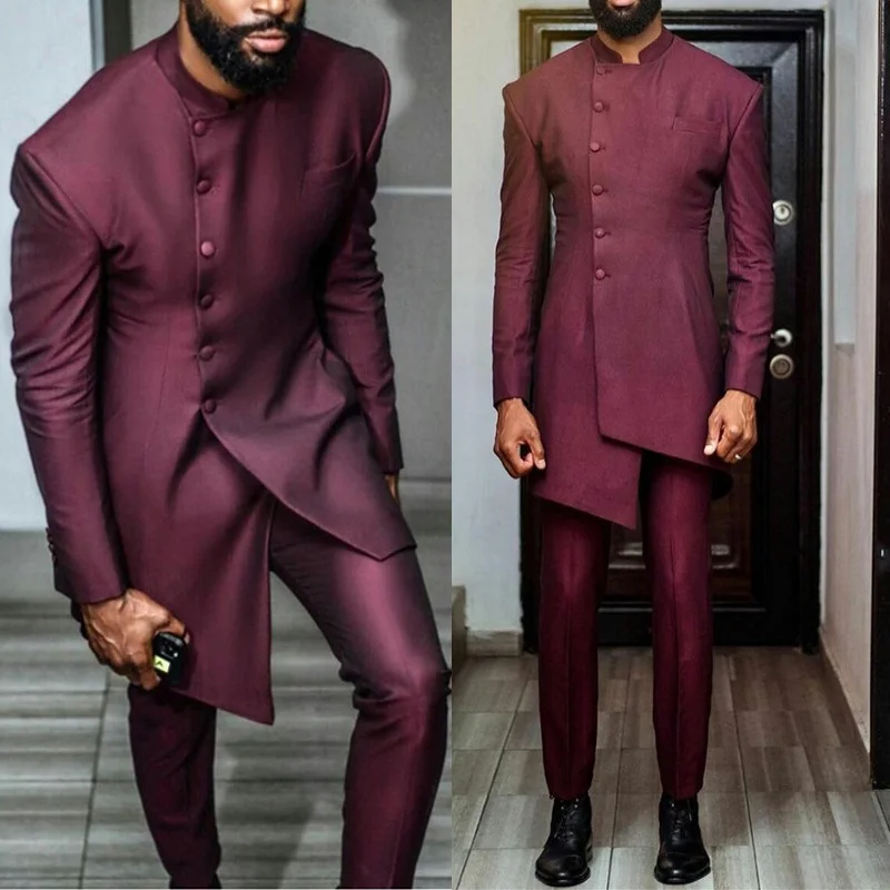 

Burgundy African Men Suits Custom Made Long Formal Business Best Man Jacket Blazer 2 Pieces ( Jacket+Pants)
