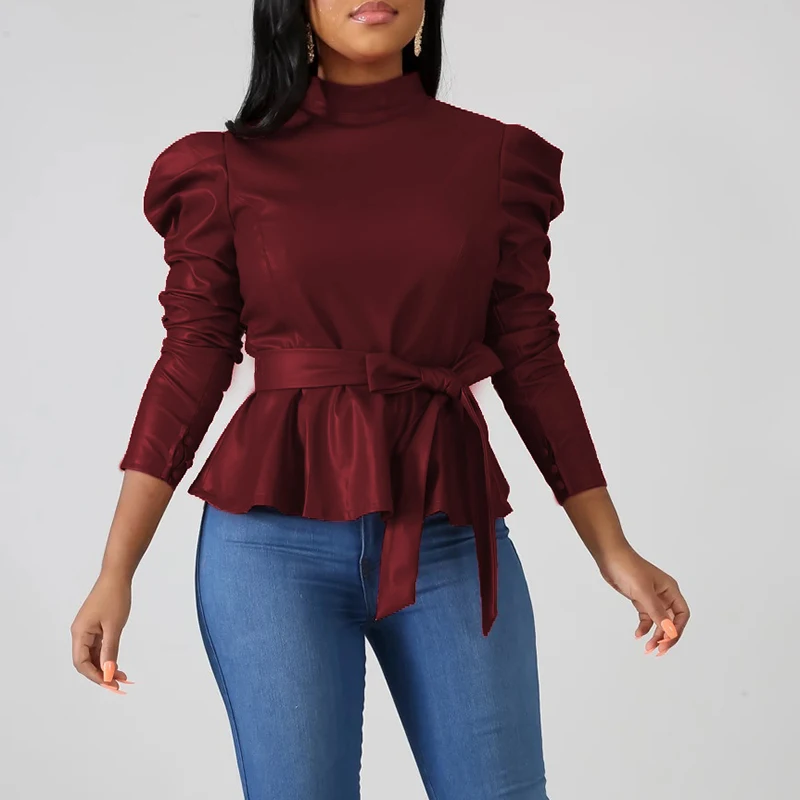 

Pu Leather Long Sleeve Short Women Sashes Tied Waisted Puff Sleeve Top Womens Shirt Elegant Ruffles Leather Shirt