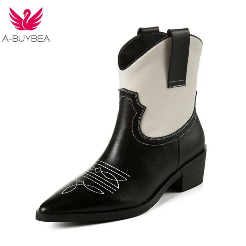 Классические ковбойские ботильоны для женщин из искусственной кожи с вышивкой